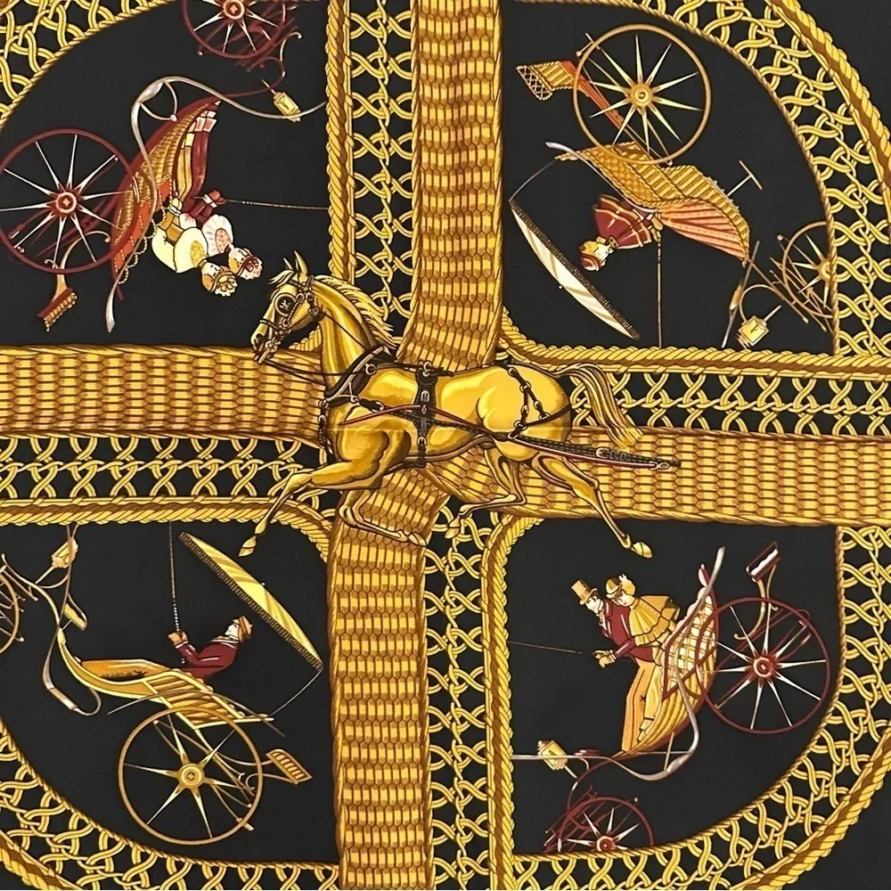 Hermes Black Voitures Paniers by J Abadie Silk Scarf France black gold red 35x35